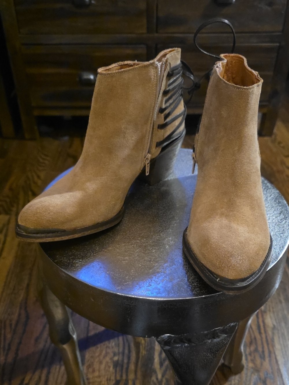 Lace-Back Suede Ankle Booties in Tan